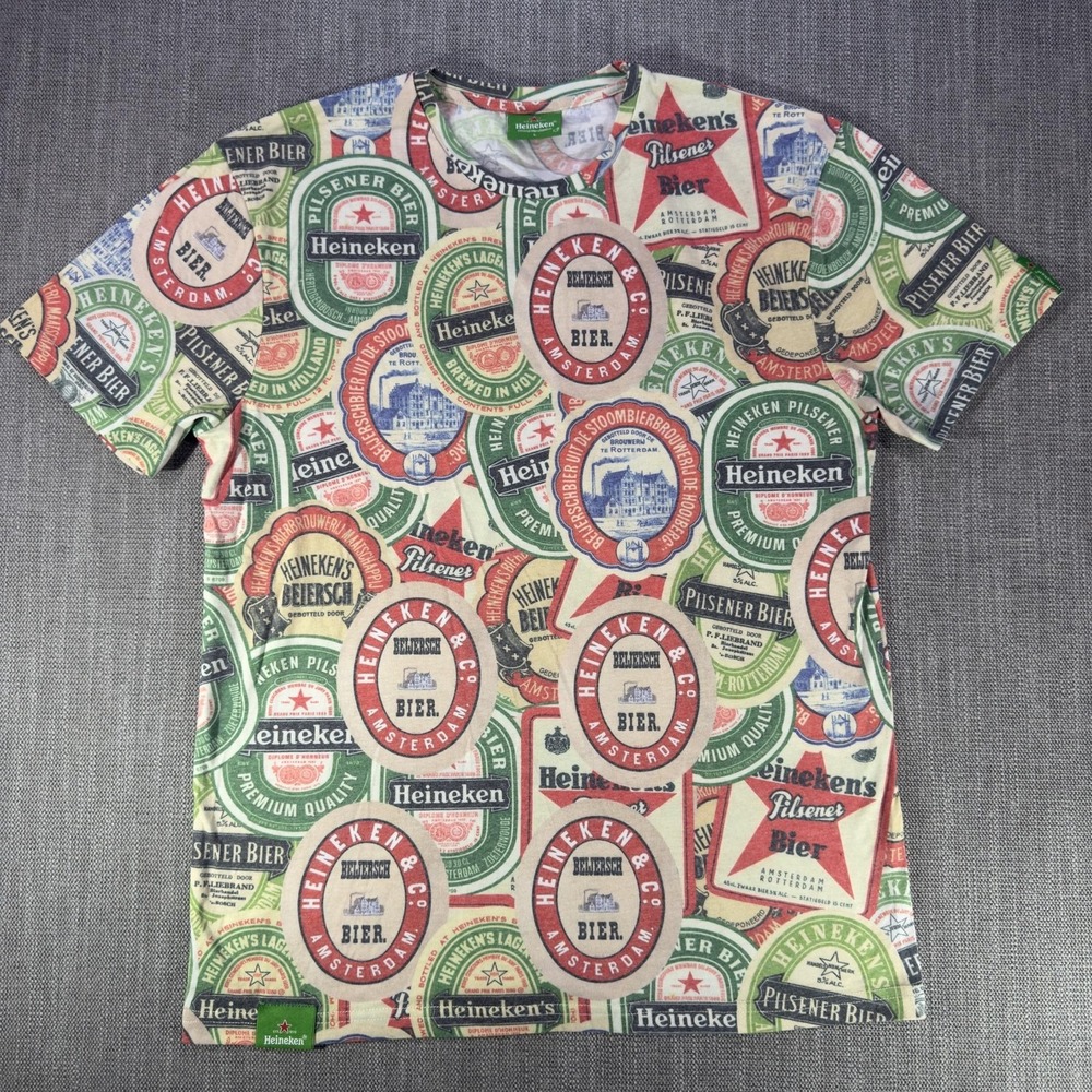 Heineken Shirt Mens Large Multicolor Beer Label All Over Graphic Tee Brewery